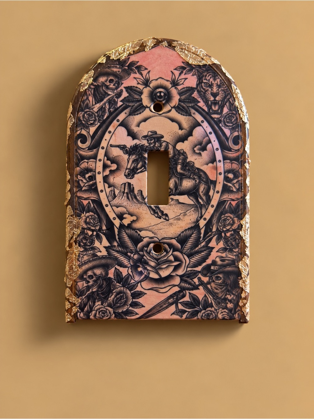 Handmade Western Tattoo Art Decorative Light Switch Cover wooden with gold edges